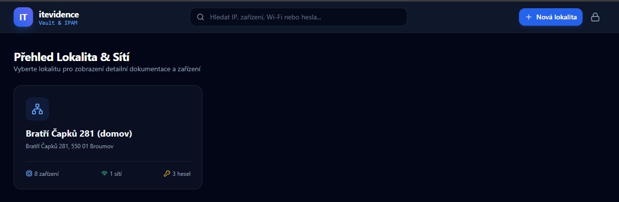 Přehled Lokalita & Sítí (Dashboard)