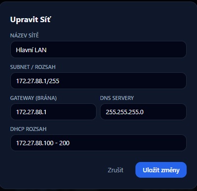 Správa Sítě a Subnetu (Modal)